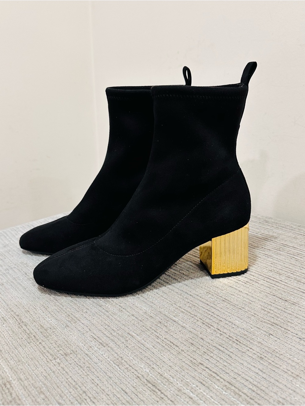 MICHAEL Michael Kors Porter Mid Bootie Black Faux Suede Gold Block Heel Size 8 M